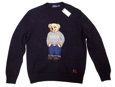 画像1: POLO Ralph Lauren BEAR Sweater ポロ・ベアークルーセーター 紺 リネン混
