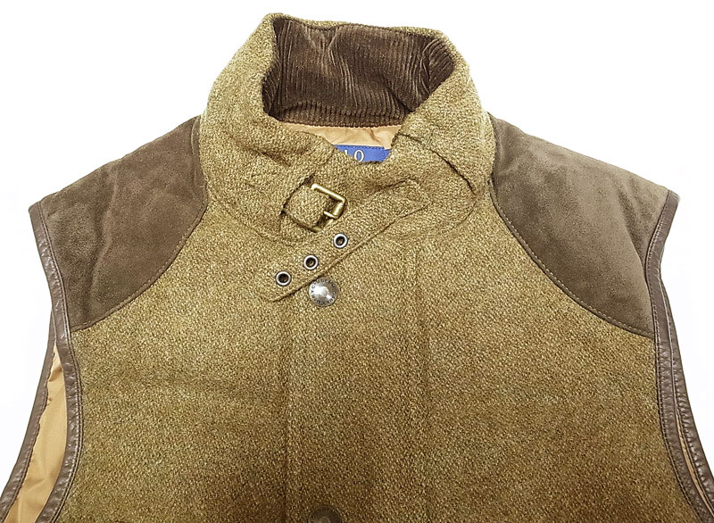 POLO Ralph Lauren Tweed Down Vest ツイード 本革レザーヨーク ダウン ...